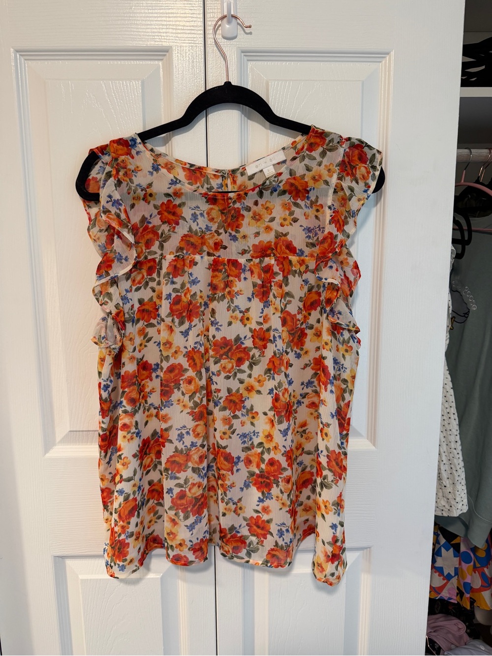 Anthropologie Eri + Ali Floral Ruffle Chiffon Top – Size L – Cream Multi Floral